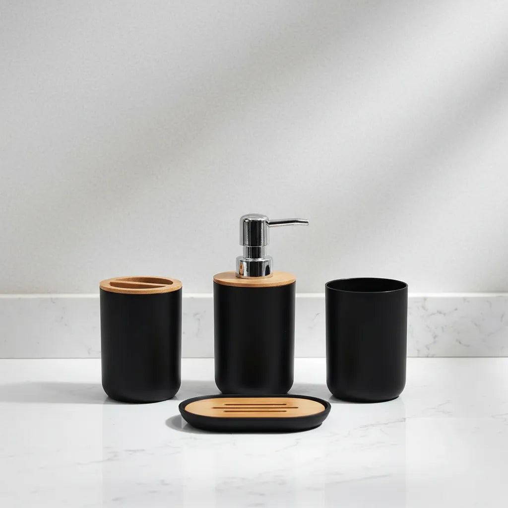 Juego Set Accesorios Para Baño Bamboo Jabonera Dispensador