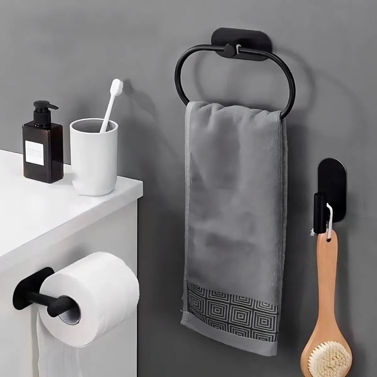 Set Juego Accesorios Baño 4 Piezas Adhesivo Negro Acero