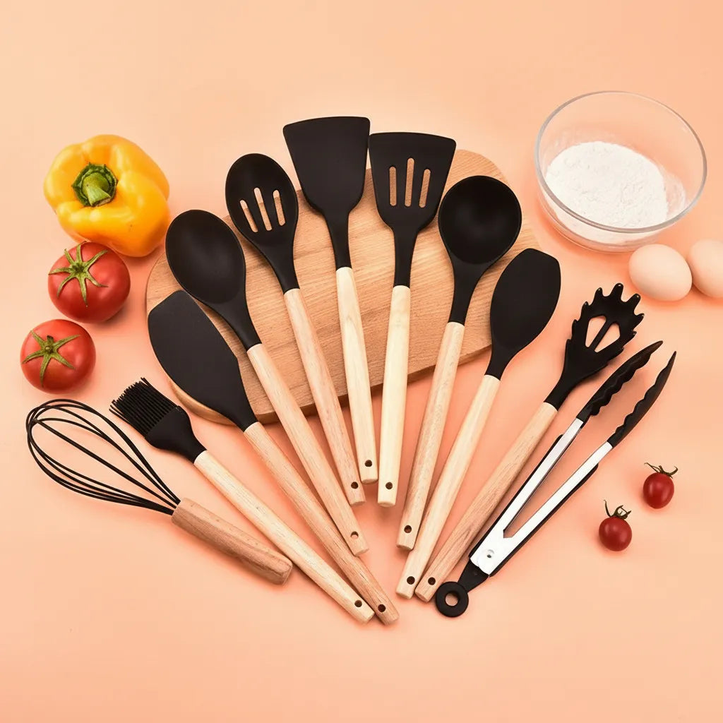 Set Espatulas Utensilios Menage X12 Madera Silicona Cocina