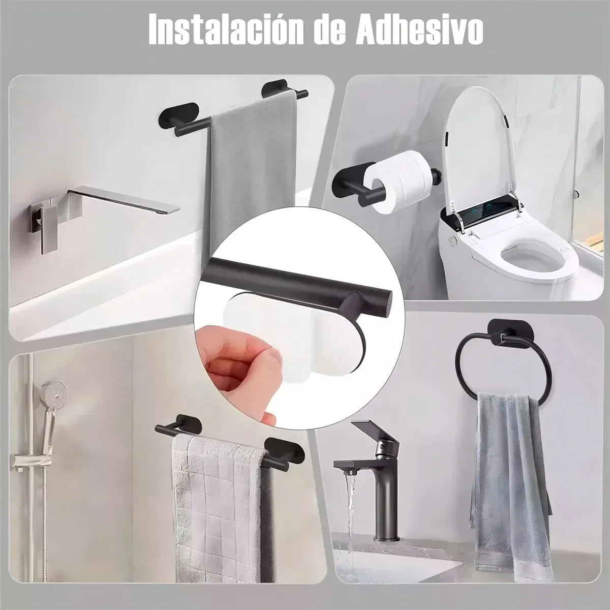 Set Juego Accesorios Baño 4 Piezas Adhesivo Negro Acero