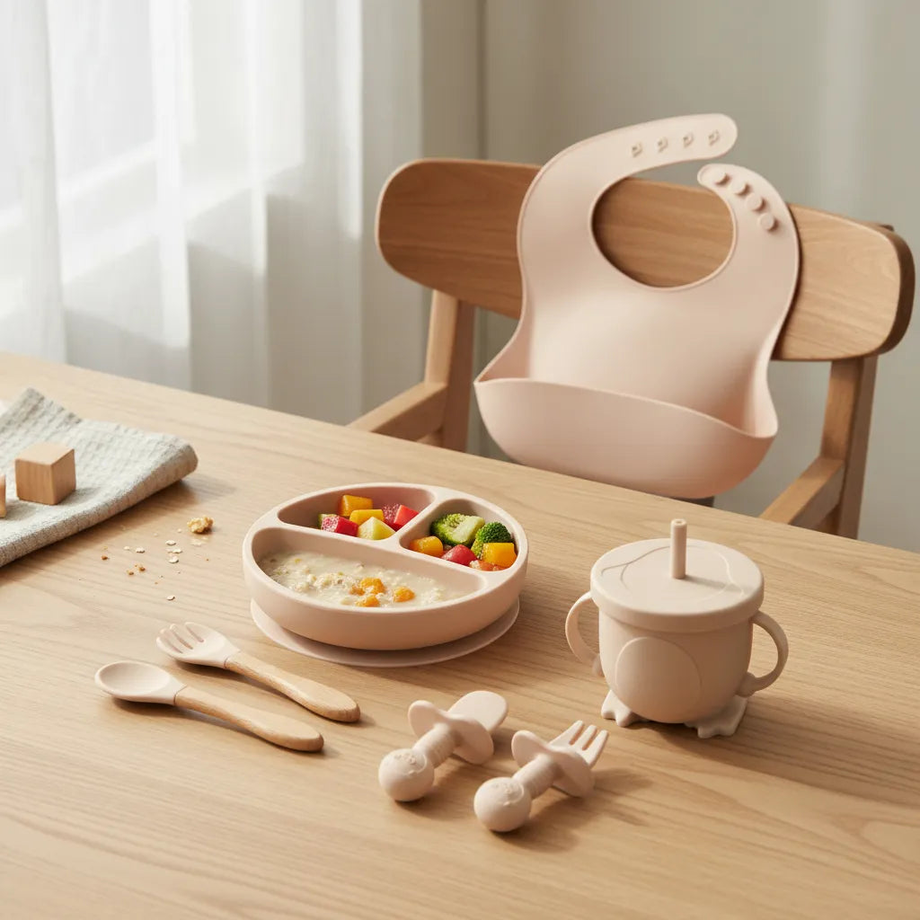 Set De Alimentación Bebé Silicona Vajilla Infantil Cubiertos