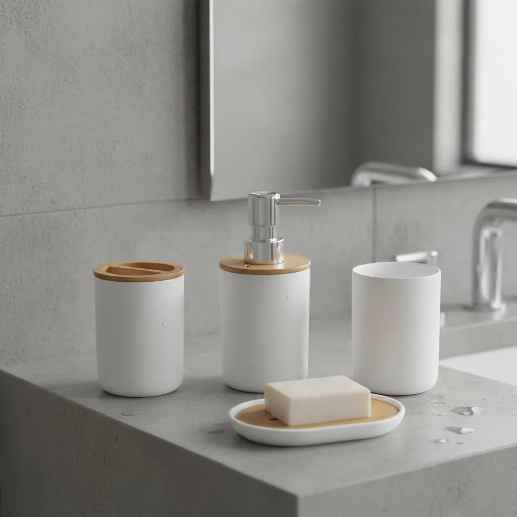 Juego Set Accesorios Para Baño Bamboo Jabonera Dispensador
