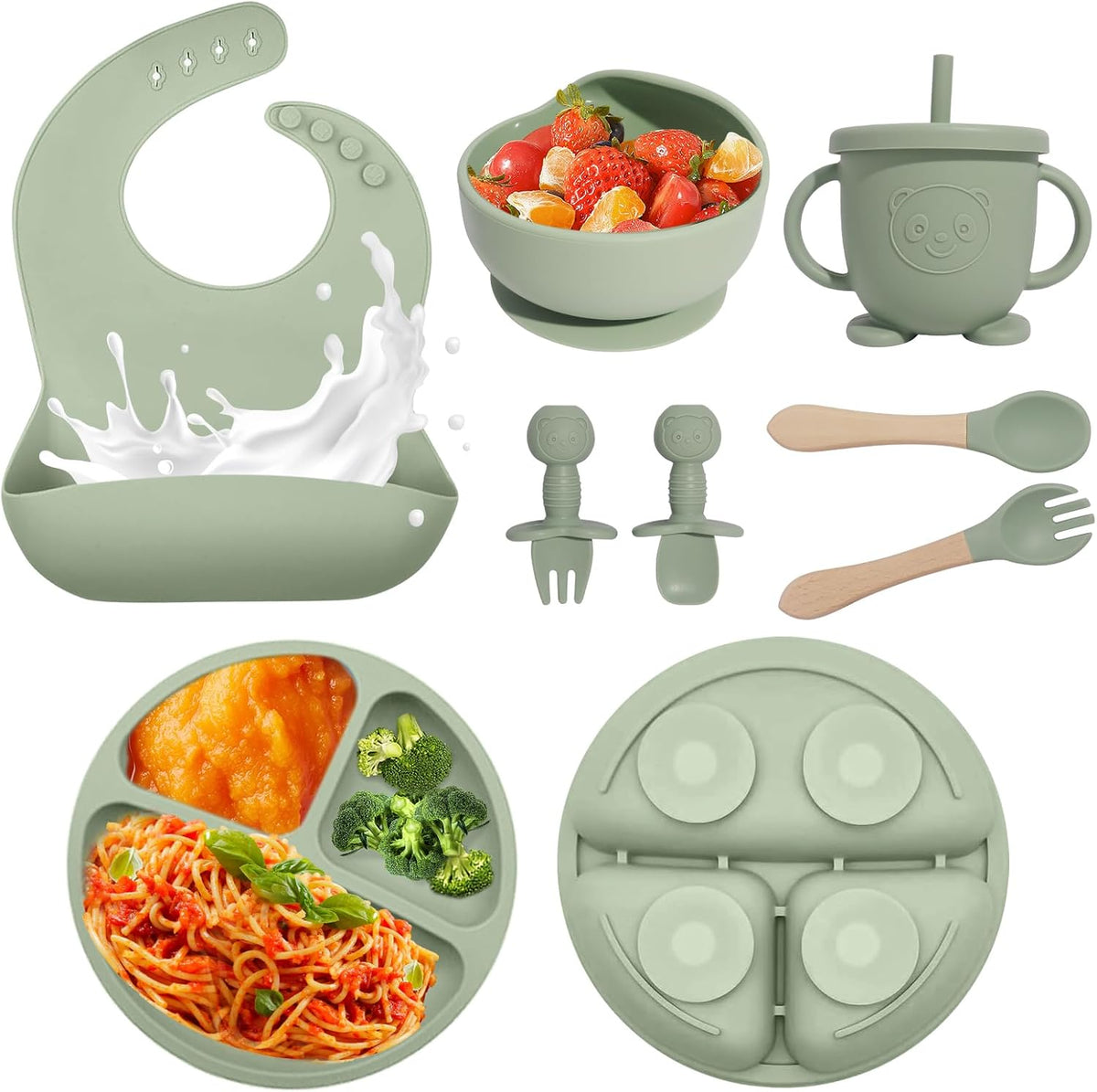 Set De Alimentación Bebé Silicona Vajilla Infantil Cubiertos
