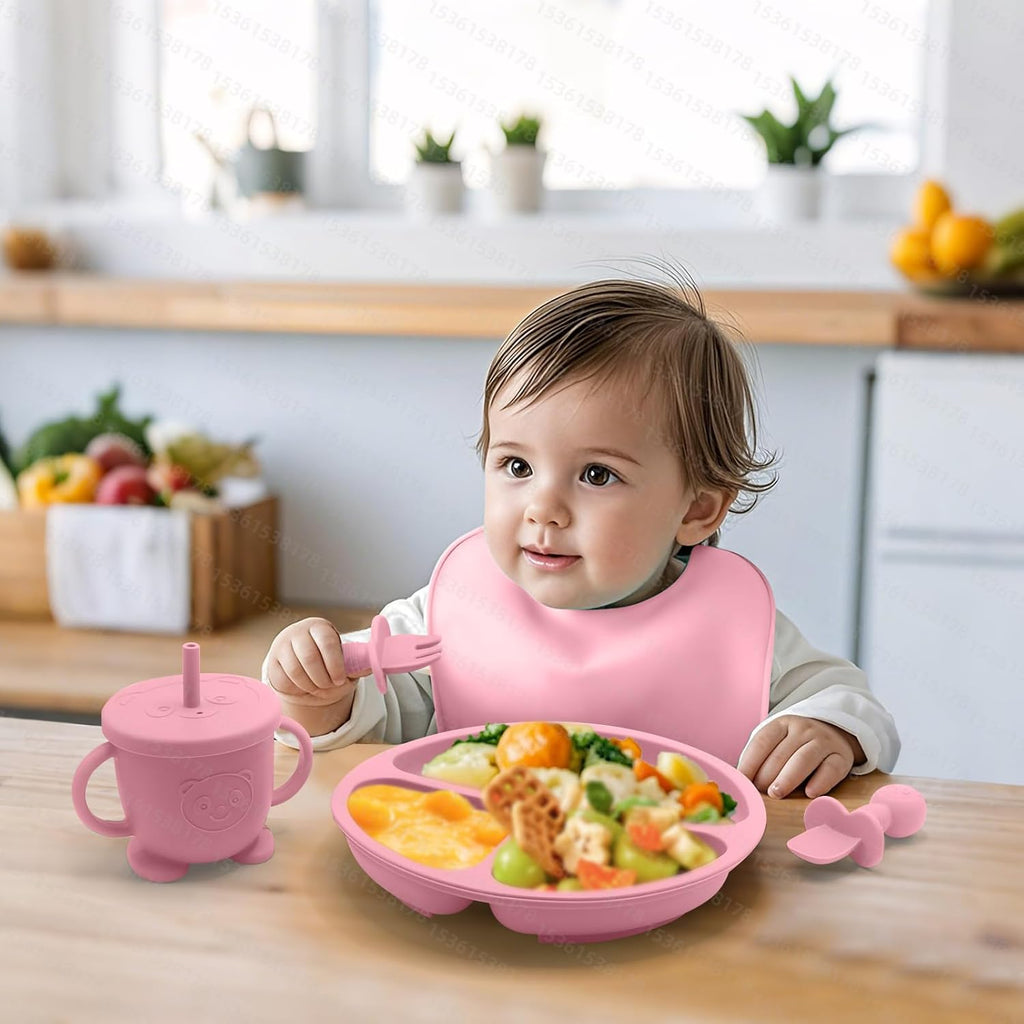 Set De Alimentación Bebé Silicona Vajilla Infantil Cubiertos