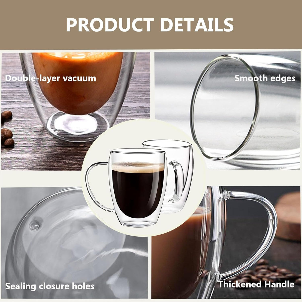 Taza De Vidrio Doble Pared 250ml Café Té Asa Transparente